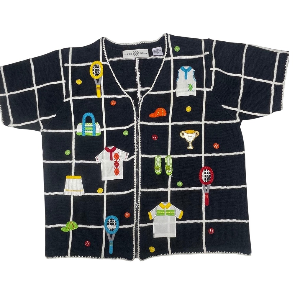Marisa Christina Embroidered Navy Grid‎ Vintage Tennis Short Sleeve Sweather